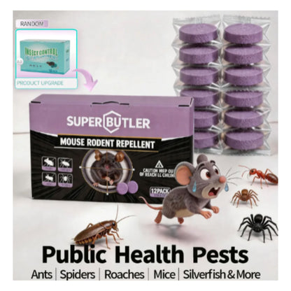 🐭 Powerful Rodent Killer – Super Butler Mouse Rodent Repellent Purple Bait Tablets 12 Pack Box for Public Health Pests Control Ants Spiders Roaches Mice