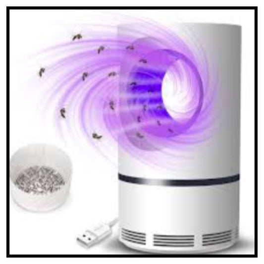 🦟 Adium Insect Killer Inhalation Trap Lamp – White Cylindrical Electronic Device with USB Charging Cable and Small Clear Container of Captured Insects Shown on White Background with Purple Glow and Flying Bug Illustration