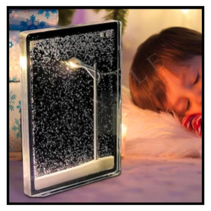 ❄️ Snowy Street Lamp Night Light – Magical Snowfall Effect Lamp with Warm Glowing Street Lamp and Swirling Snow on Nightstand Next to Sleeping Girl