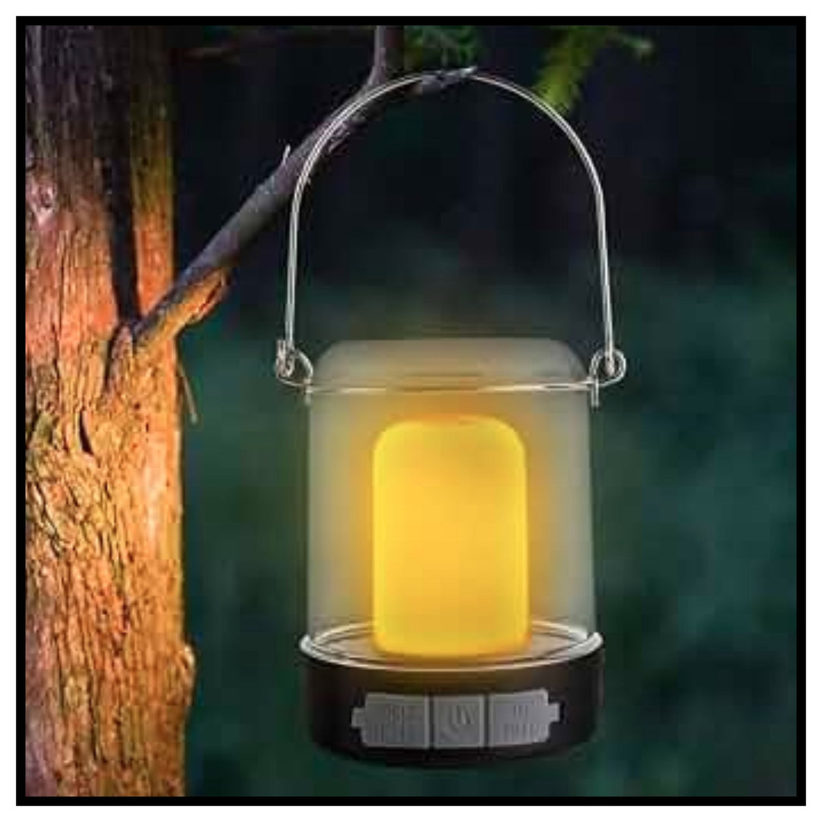 🏕️ LED Camping Lantern – Portable Waterproof Hanging Lantern with Warm Yellow Glow Hanging on Tree Branch in Dark Outdoor Camping Scene