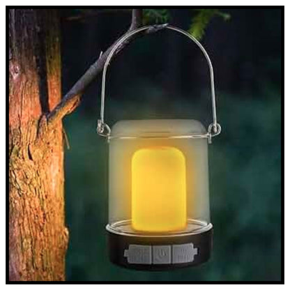 🏕️ LED Camping Lantern – Portable Waterproof Hanging Lantern with Warm Yellow Glow Hanging on Tree Branch in Dark Outdoor Camping Scene