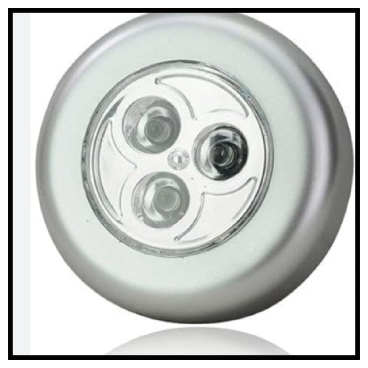 💡 Touch Lamp Mini Round Emergency Light – Round Silver LED Light Fixture with Three Clear Lenses Shown Against White Background with Thin Black Border