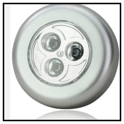 💡 Touch Lamp Mini Round Emergency Light – Round Silver LED Light Fixture with Three Clear Lenses Shown Against White Background with Thin Black Border