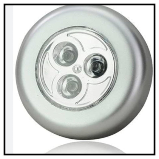 💡 Touch Lamp Mini Round Emergency Light – Round Silver LED Light Fixture with Three Clear Lenses Shown Against White Background with Thin Black Border