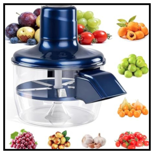 🍎 Multipurpose Automatic Fruit & Vegetable Peeler Machine – Dark Blue and Clear Plastic Food Chopper Surrounded by Various Fruits and Vegetables Like Grapes Tomatoes Oranges Garlic and Onions on White Background