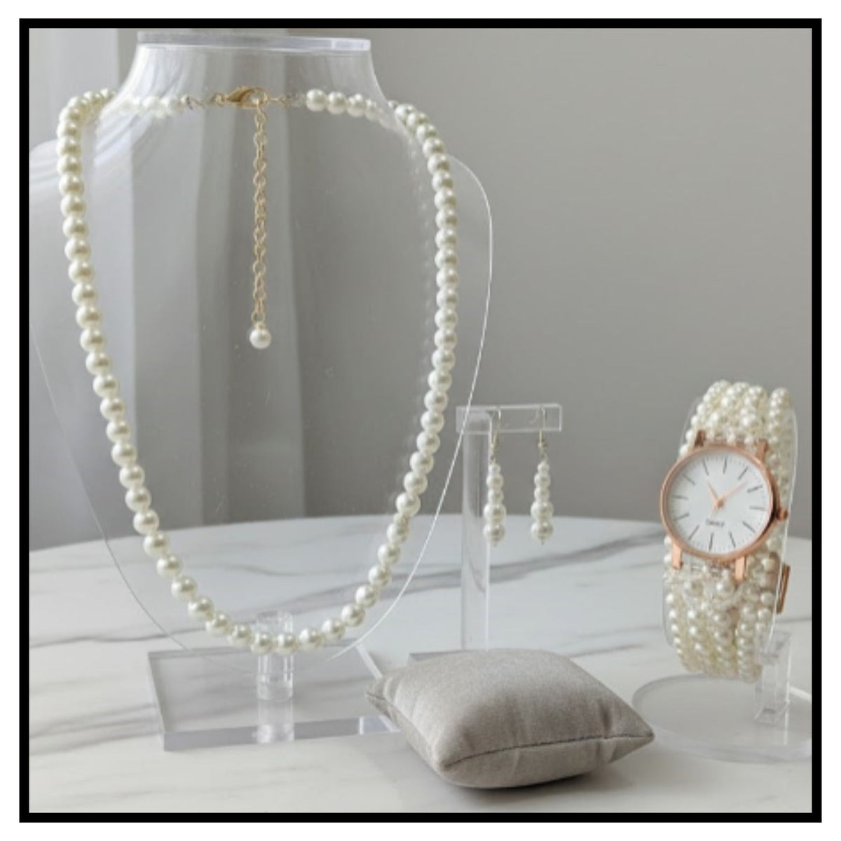 💍 Pearl Studded & Beaded Jewellery Set with Watch – Pearl Necklace, Earrings and Pearl Strap Watch for Women and Girls