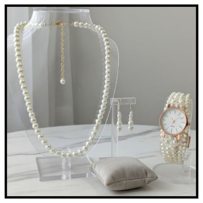 💍 Pearl Studded & Beaded Jewellery Set with Watch – Pearl Necklace, Earrings and Pearl Strap Watch for Women and Girls