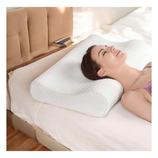😴 Memory Foam Orthopaedic Pillow – White Contoured Memory Foam Pillow with Woman Sleeping Comfortably on Bed in Bedroom with Beige Headboard