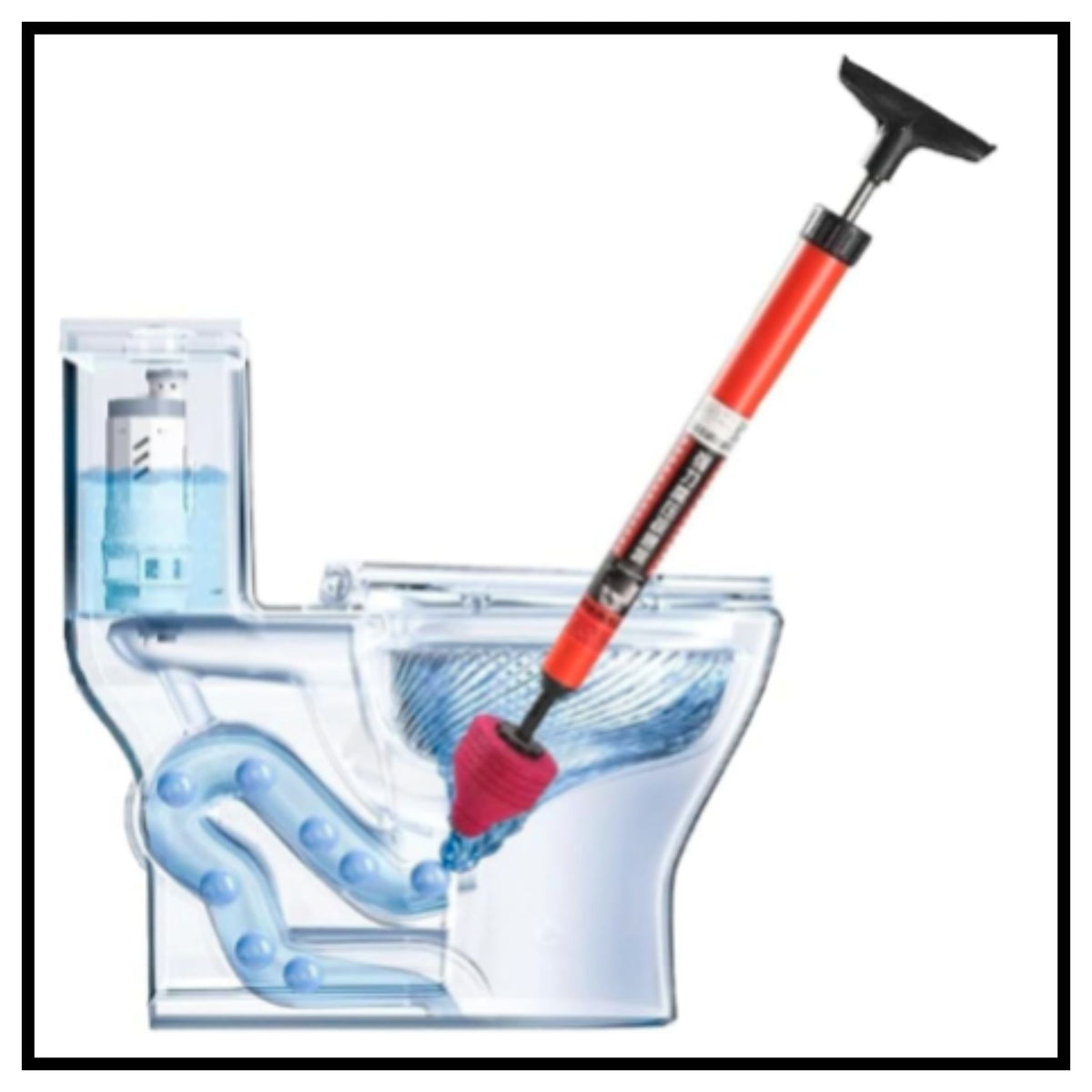 🚽 Turbo Flush High Pressure Dredging Tool – Red Black Toilet Plunger Cleaning Drain in Toilet Bowl Illustration Showing Powerful Flush Action