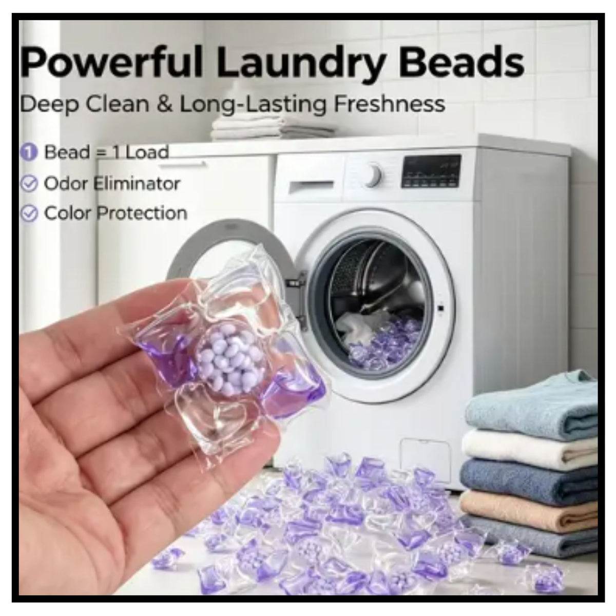 🧺 5-in-1 White Musk Laundry Detergent Pods – Powerful Laundry Beads Deep Clean Purple Laundry Pods Held in Hand in Front of Washing Machine with Folded Clothes