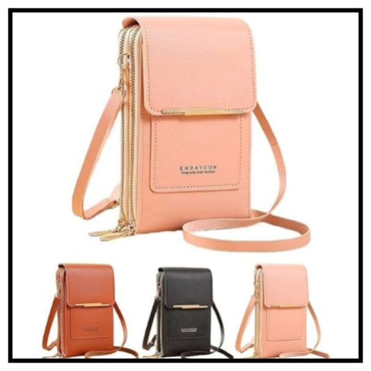 📱 Premium PU Leather Phone Pouch with Card Slots – Peach Orange Crossbody Phone Bag with Gold Zipper and Front Pocket Displayed with Three Color Variants Orange Black and Light Pink on White Wavy Background