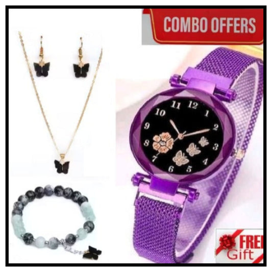 💜 Women's Butterfly Design Analog Purple Watch Combo Set – Purple Mesh Watch with Black Dial, Butterfly Pendant Necklace, Earrings and Beaded Bracelet