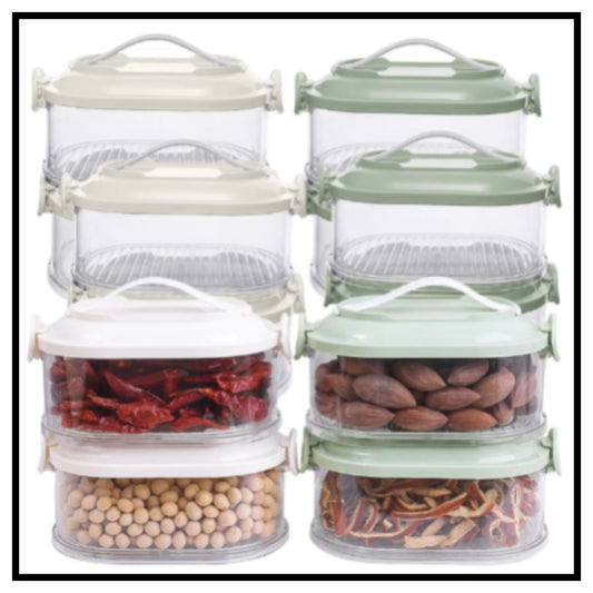 🫙 FreshLock 360° Rotating 2-Layer Spice Rack – Set of 6 Clear Stackable Spice Containers with Green Lids Filled with Dry Fruits and Spices on White Background