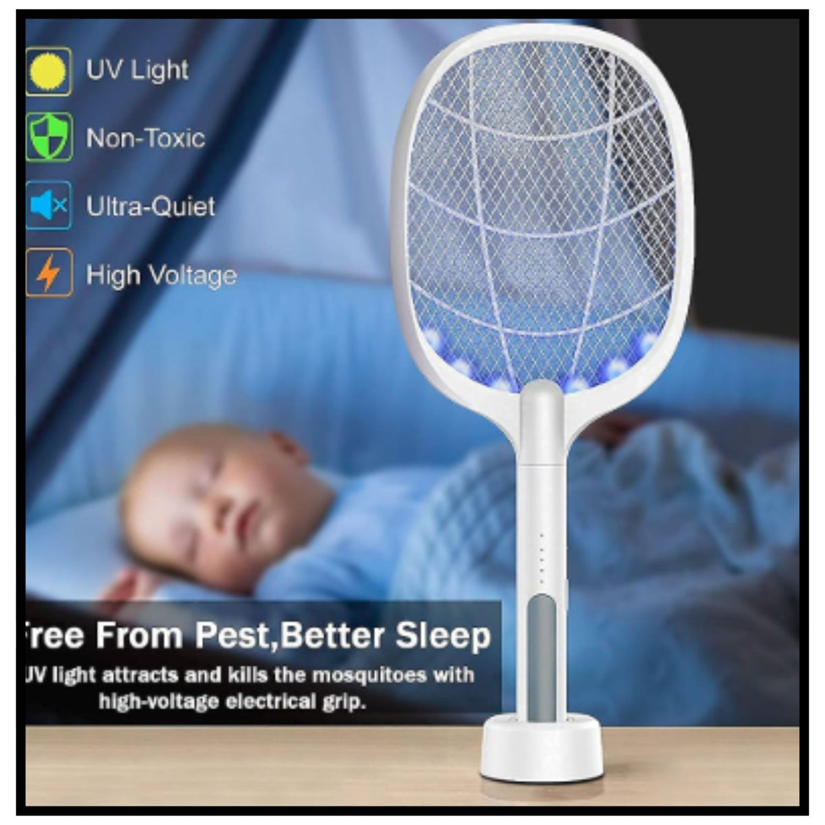 🦟 Mosquito Killer Racket Rechargeable Electric Fly Swatter – Electric Mosquito Bat with UV Light and High Voltage Grid for Home and Outdoor