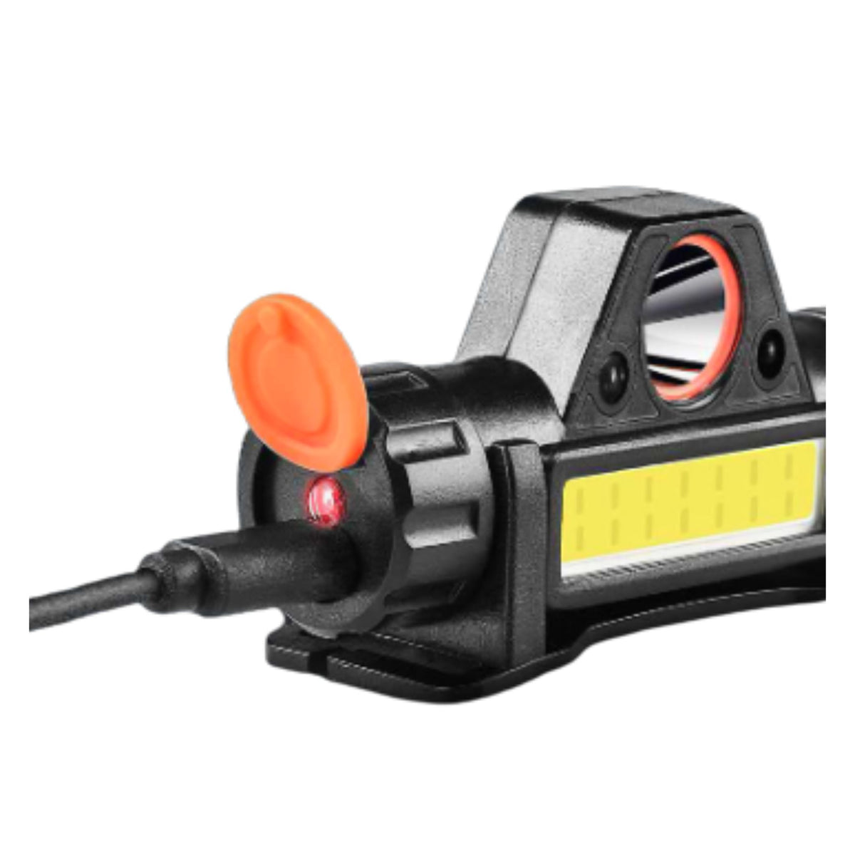 Black LED headlight headlamp with USB charging cable and elastic headband on white background