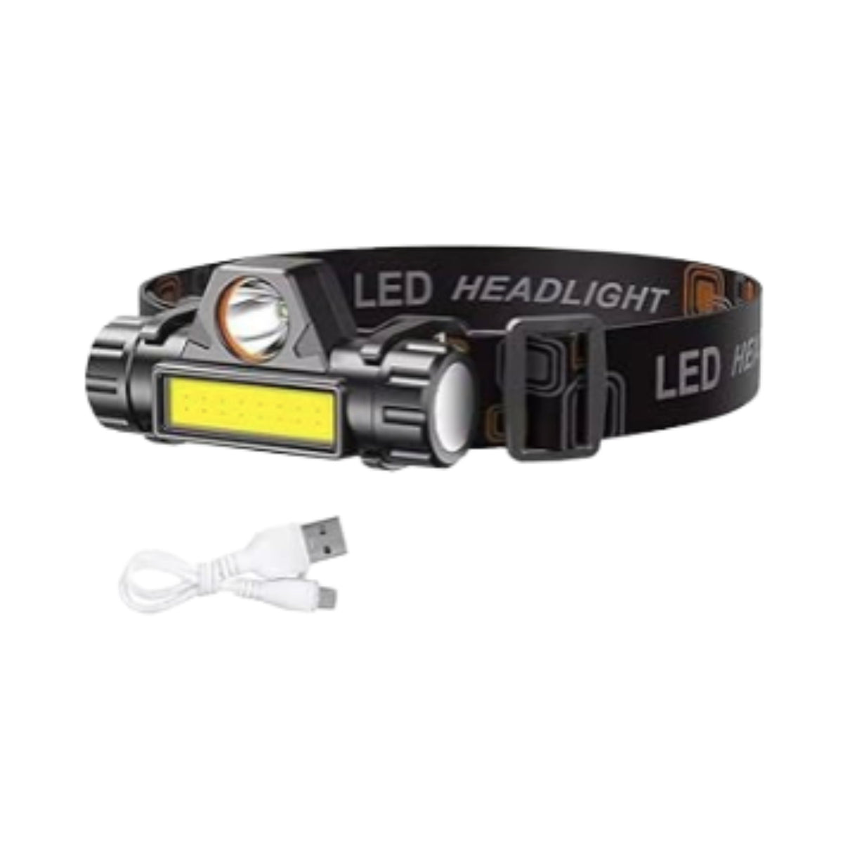 Black LED headlight headlamp with USB charging cable and elastic headband on white background