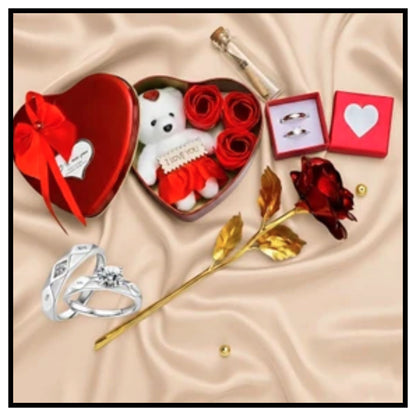 ❤️ Red Love Stand With Heart Box Gift Set – Romantic Heart Shaped Box with Teddy Bear, Red Roses, Couple Rings and Gold Rose for Valentine Gift