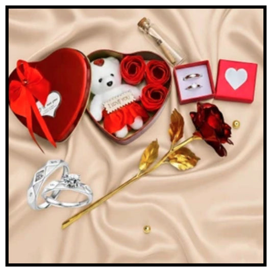 ❤️ Red Love Stand With Heart Box Gift Set – Romantic Heart Shaped Box with Teddy Bear, Red Roses, Couple Rings and Gold Rose for Valentine Gift