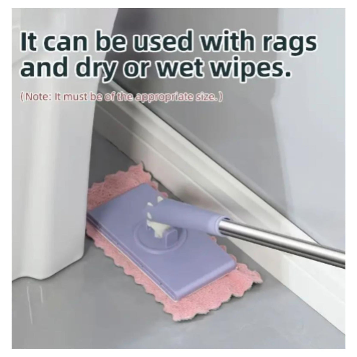 Mini floor mop head cleaning baseboard corner with pink rag