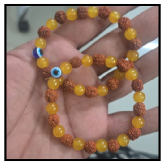 🧿 Rudraksha Citrine Crystal Bracelets Pack of 2 – Yellow Citrine Beads with Rudraksha and Evil Eye Bead Bracelet Set for Men and Women