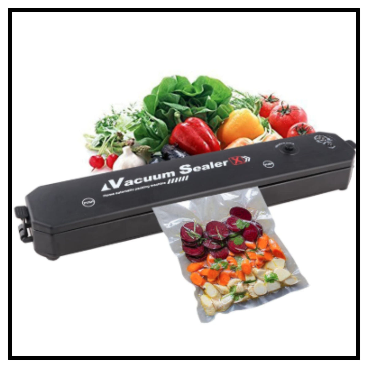 🥦 Fast Vacuum Sealer – Black Automatic Vacuum Sealer Machine Sealing Fresh Vegetables and Fruits in Bag on White Background