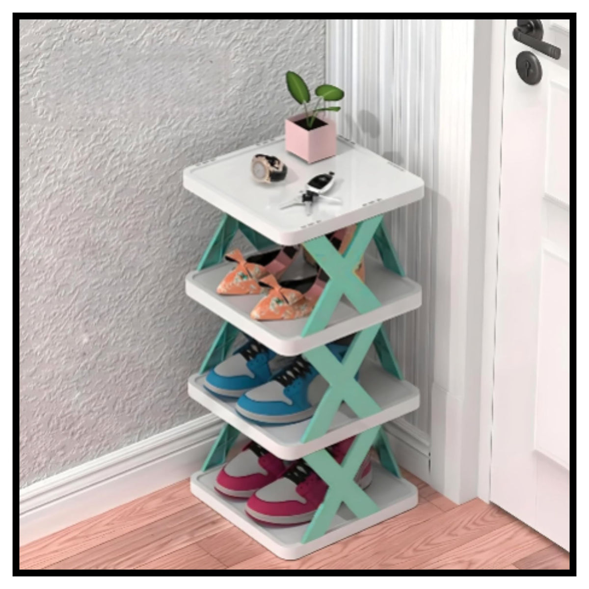 👟 Adjustable Shoe Stand Organizer – 4 Tier Stackable White and Green Plastic Shoe Rack for Bedroom and Entryway