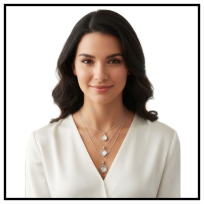 💎 Stylish Silver-Plated Floral and Geometric Pendant – Layered Silver Necklace with Pearl Pendant for Women and Girls
