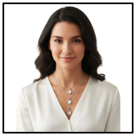 💎 Stylish Silver-Plated Floral and Geometric Pendant – Layered Silver Necklace with Pearl Pendant for Women and Girls