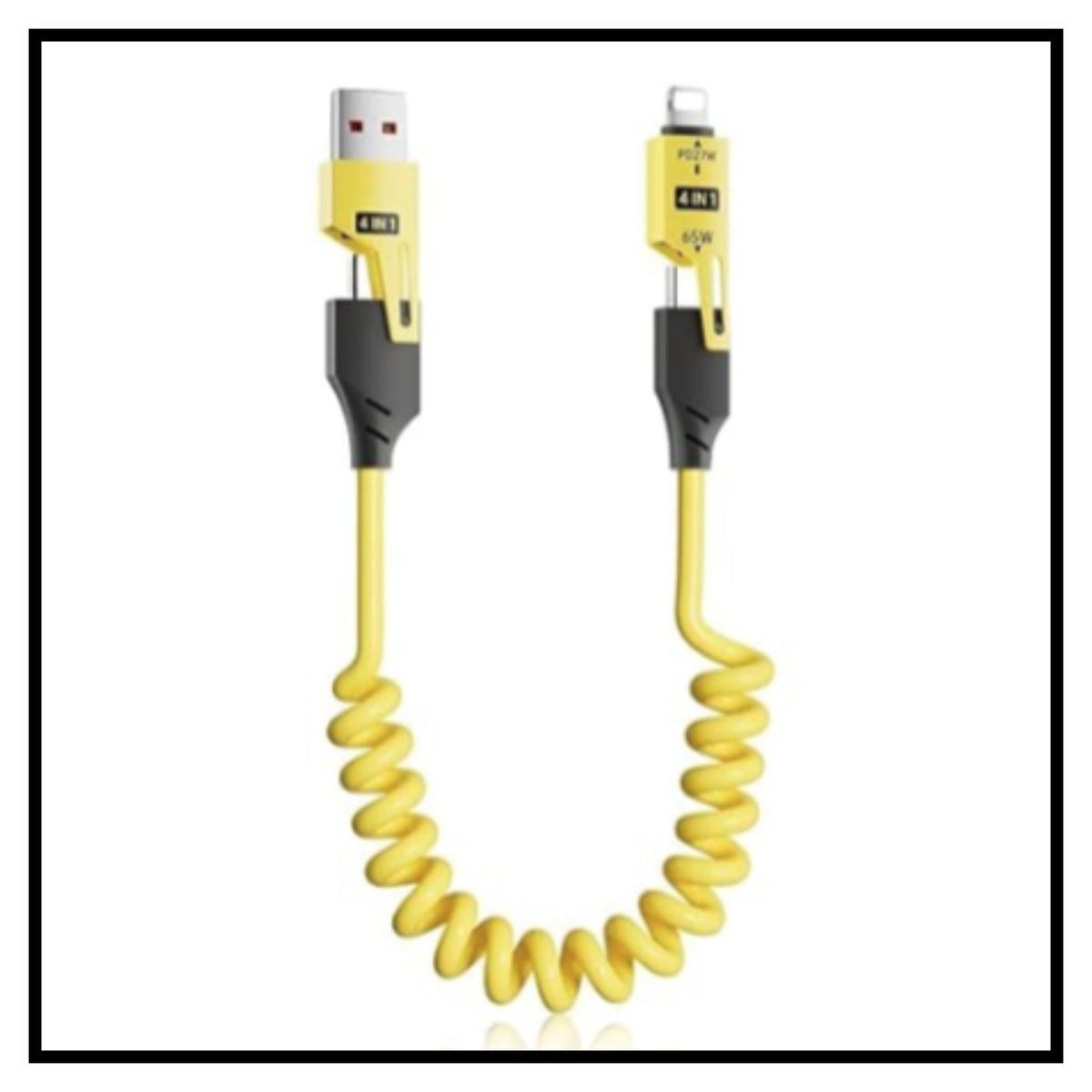 ⚡ 4 in 1 Spring Charging Cable 65W Fast Charging Cable – Yellow Coiled USB to Lightning Data and Charging Cable with Flexible Spring Design