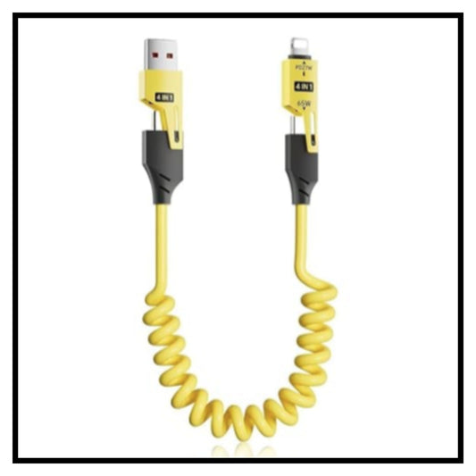 ⚡ 4 in 1 Spring Charging Cable 65W Fast Charging Cable – Yellow Coiled USB to Lightning Data and Charging Cable with Flexible Spring Design