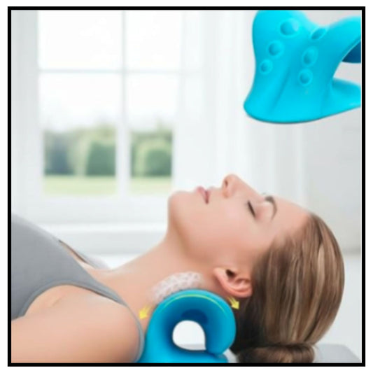 🧘 Neck Support Stretcher – Blue Ergonomic Cervical Neck Stretcher Pillow Supporting Woman Lying Down for Posture Support at Home