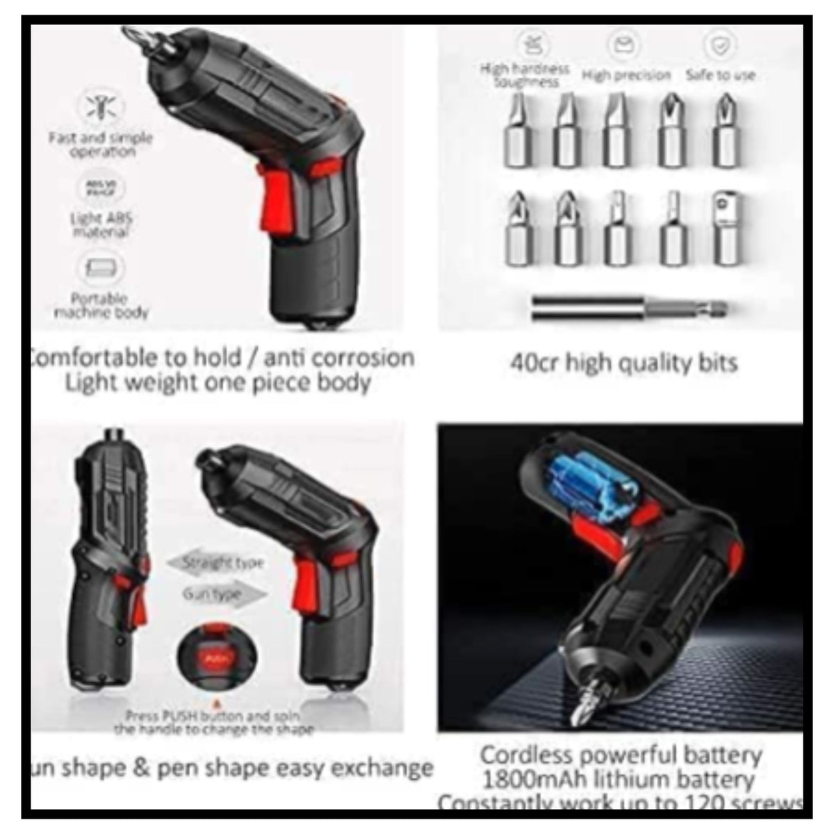 🔧 Metal Electric Screwdriver with 47 Pcs Screwdriver Bit Set – Cordless Electric Screwdriver with Metal Body for Home Repair Electronics and DIY