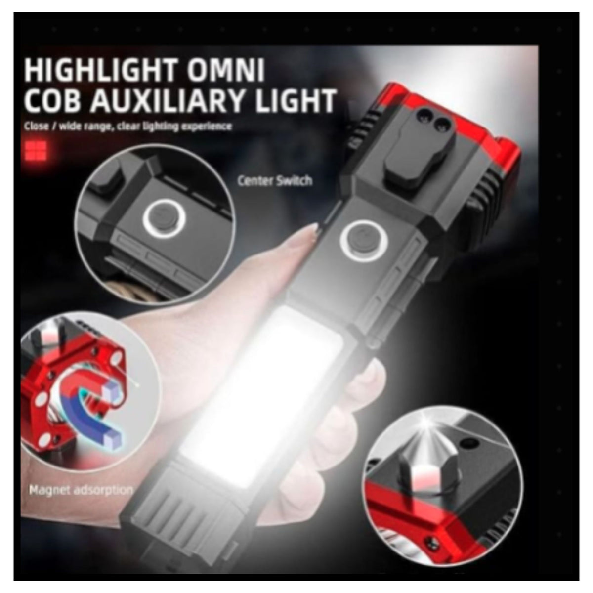 🔦 Hammer Torch – Highlight Omni COB Auxiliary Light Black Emergency Torch with Center Switch Magnet and Glass Breaker Hammer Held in Hand