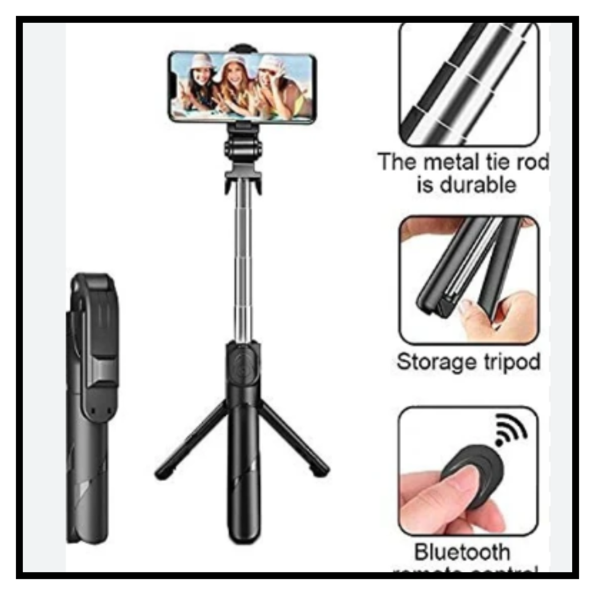 🤳 3-in-1 Selfie Stick with Tripod Stand and Bluetooth Remote – Black and Silver Selfie Stick with Phone Mounted on Top Shown Alongside Inset Feature Callouts Including Close-up of Metal Tie Rod Storage Tripod Section with Hand and Bluetooth Remote Control