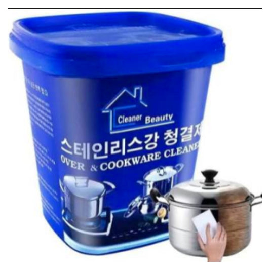 Blue tub of oven and cookware cleaner stainless steel cleaning cream with Korean text on white background