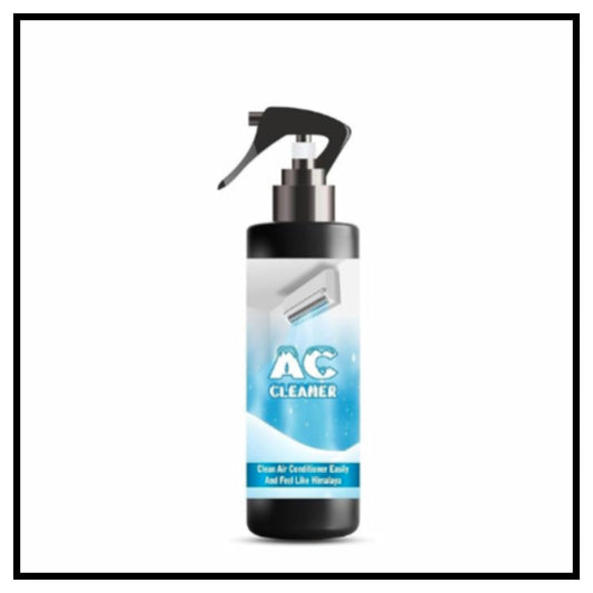 A bottle of AC Cleaner spray with a black trigger sprayer and a white and blue label shown against a plain white background
