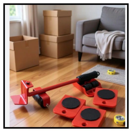 Red adjustable heavy furniture lifter shifter tool set with lifter bar and four rolling movers with black pads displayed on wooden floor with moving boxes and sofa in background