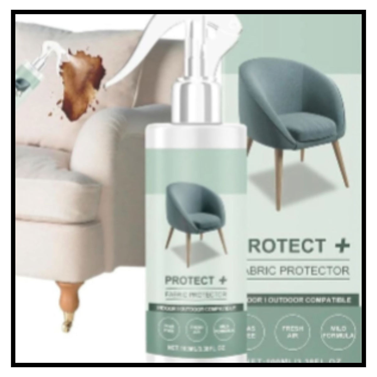 A bottle of Protect plus Fabric Protector spray shown in front of a sofa with a spilled drink stain alongside an upholstered chair and text indicating indoor and outdoor compatibility
