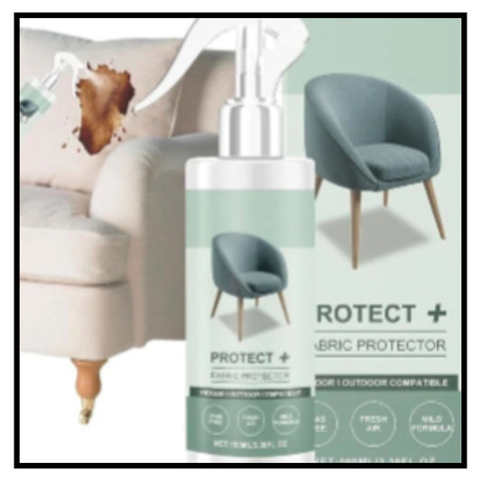 A bottle of Protect plus Fabric Protector spray shown in front of a sofa with a spilled drink stain alongside an upholstered chair and text indicating indoor and outdoor compatibility