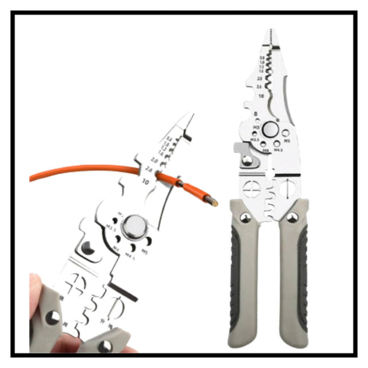 Multi-tool wire stripping and crimping pliers shown stripping an orange electrical wire with one view showing closed handle with gray and black grips on white background