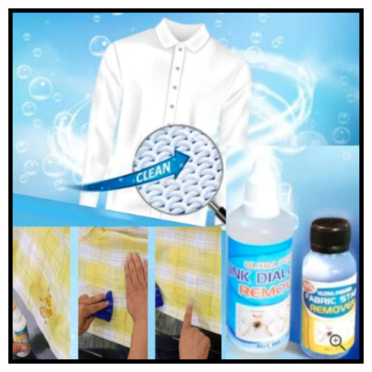 All in one fabric stain remover and ink dial remover bottles with white shirt cleaning graphic and yellow fabric stain removal steps on blue bubble background