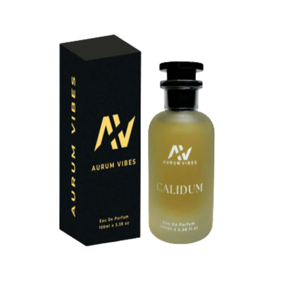 Aurum Vibes Calidum Eau De Parfum 100ml bottle with black cap and black and gold box for men - RS Natural