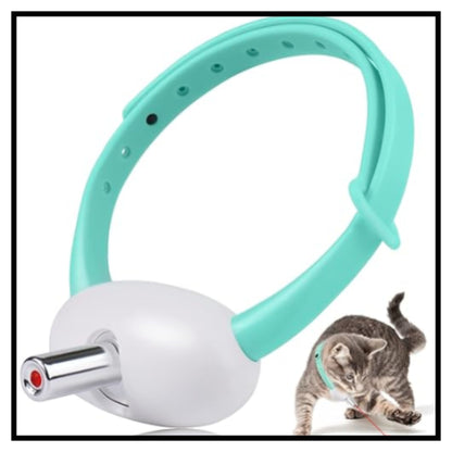 A pet collar toy featuring a mint green silicone strap and a white spherical body with a silver metal rod shown with a small tabby kitten wearing a matching mint green collar on a white background