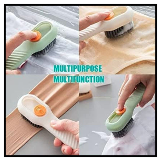 Multipurpose multifunction automatic liquid cleaning brush with soap dispenser shown in four uses - washing white clothes and cleaning beige surfaces with green handle and orange button