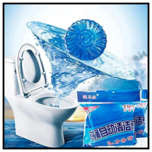White toilet with blue cleaning tablet floating above water splash next to blue packaging bags