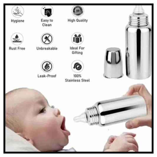 A stainless steel baby bottle with a clear nipple shown with its cap off and being held to a baby's mouth with hygiene feature icons