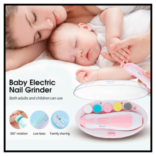 Baby electric nail grinder kit with mother trimming sleeping baby nails, pink handheld grinder with multiple grinding heads in case