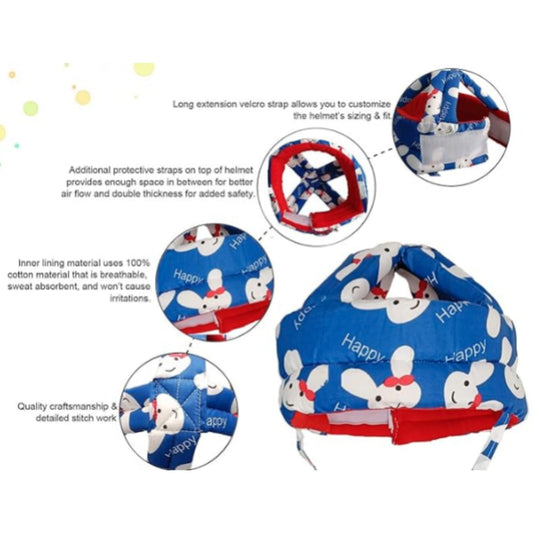 Blue baby safety helmet with happy cartoon print and red chin strap showing detailed features like breathable cotton lining and adjustable velcro strap