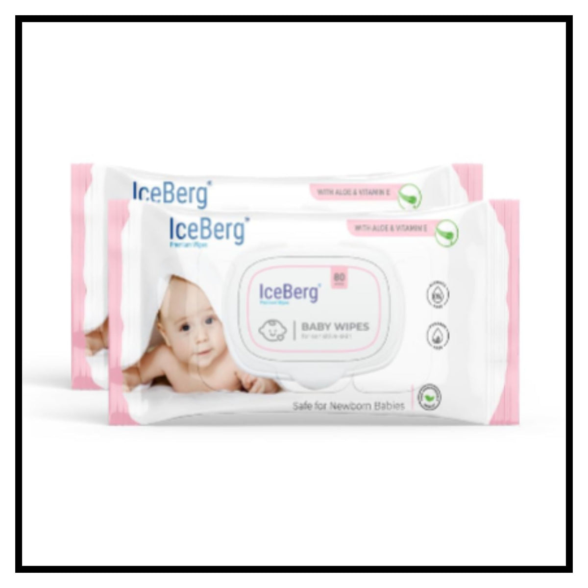 Two packs of IceBerg baby wet wipes with pink border and baby photo on packaging on white background