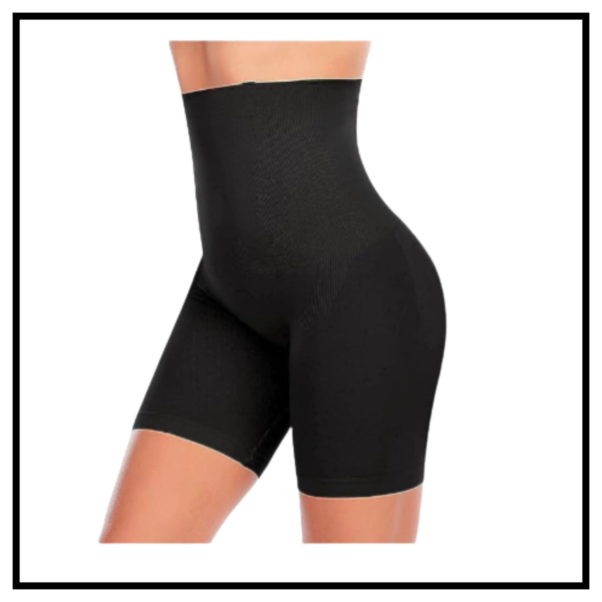 Black high-waisted BBL padded compression shorts shown on a model from side-back angle highlighting shapewear fit against white background